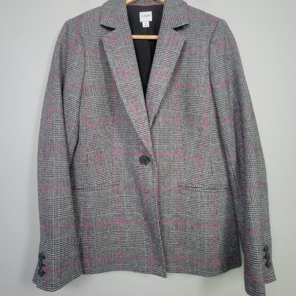 J Crew Womens Grey Glen Plaid One Button Wool Blend Blazer Jacket Career Size 2 - Picture 1 of 3